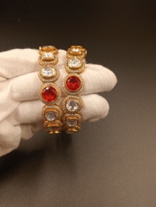 Gold Plated <b>Crystal</b> Red Stone Bangles Women's Trendy Wedding Jewelry Alloy <b>Bracelets</b> Bezel Setting Polki Style Silver - Product Image 2