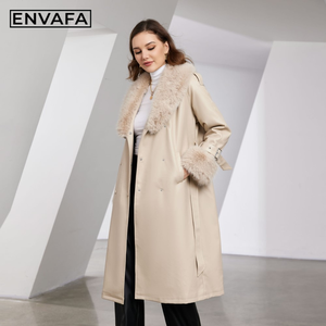 New Women Winter Faux <b>Fur</b> Trimmed PU Leather Eco-Friendly Thick Double Breasted Long Jacket Warm Fashion Outerwear OEM ODM - Product Image 3