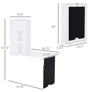Scrivania da Parete Pieghevole con Tavolo Convertibile per PC e Laptop, Bianca con Lavagna e Mensole Porta Libri - Product Image 3