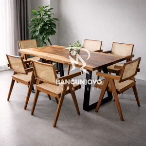 Teak Wood Dining Chairs Rattan Seats Backrests Suar Wood <b>Table</b> Iron <b>Legs</b>-Dining Room Set for Hotel Use Modern Minimalist Design - Product Image 2