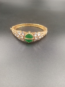 Classic Gold Plated <b>Silver</b> <b>Cuff</b> Bangle <b>Bracelet</b> with Emerald Cut Green Jade and White Stones Bezel Set for Women Wedding Jewelry - Product Image 6