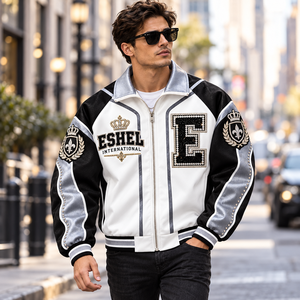 Veste varsity pour homme à blocs de couleur, avec badge brodé, fermeture éclair, col rabattable, coupe-vent style hip-hop - Product Image 1