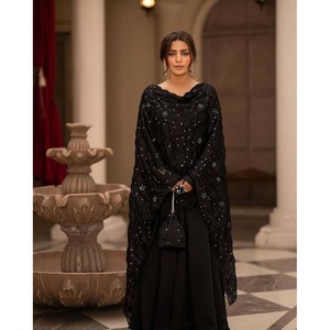 DESIGNER ROMAN ALGODÓN VESTIDO LISO FONDO CON BORDADO TRABAJO DUPATTA NEGRO - Product Image 1