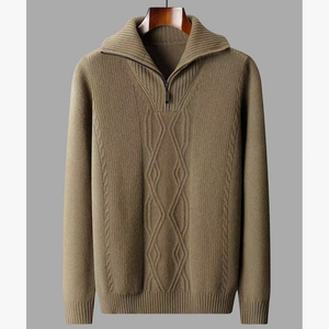 Cardigan en laine acrylique pour homme, col châle, tricot torsadé, avec fermeture éclair 1/4, pull épais d'hiver, manches longues, anti-boulochage - Product Image 3
