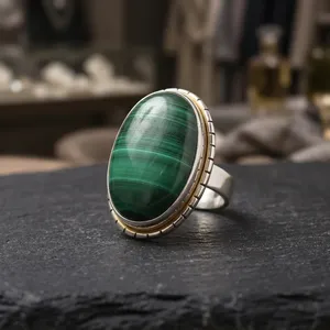 Anillo de cóctel ovalado de malaquita, plata de ley 925, engaste en bisel, estilo bohemio, anillo de moda unisex - Product Image 5