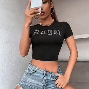 เสื้อครอปท็อปผู้หญิงสไตล์ลำลอง แขนสั้น คอกลม ประดับลูกปัด ผ้ายืดผสมคอตตอน พิมพ์ลายสกรีน สำหรับใส่ในช่วงฤดูร้อน - Product Image 5