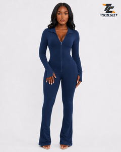 TWIN CITY Women Long Sleeve <b>Zip</b> <b>Up</b> Jumpsuit High Waist Full Length Solid Color Stretchy <b>Polo</b> Collar Modern Jumpsuit - Product Image 1