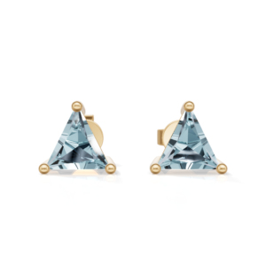 Boucles d'oreilles clous en argent sterling plaqué jaune avec aigue-marine taille triligne, bijoux classiques pour femme, Heerani Jewels, forme triangle aquatique - Product Image 2