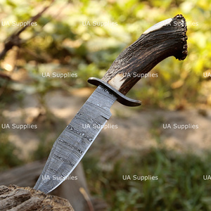 Couteau Bowie à lame fixe en acier Damas, manche en corne de cerf naturel, vente chaude, OEM ODM, marque privée, couteaux de chasse de haute qualité - Product Image 2