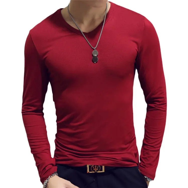 wholesale cheap promotion summer autumn oem logo custom men's solid long sleeve trendy v neck t shirt V-neck T-shirt t shirts