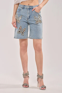 Shorts Bermuda en Denim Uni 100% Coton Taille Moyenne avec Appliques Papillon en Strass Style Décontracté pour Hommes - Product Image 2
