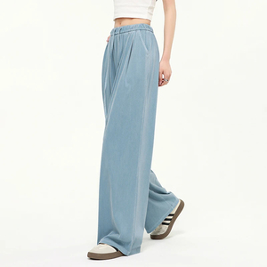 Pantalones Anchos de Cintura Alta para Mujer, Color Sólido, con Cordón, Corte Holgado, Largos, Casuales de Verano, Transpirables, de Secado Rápido, 100% Poliéster - Product Image 4