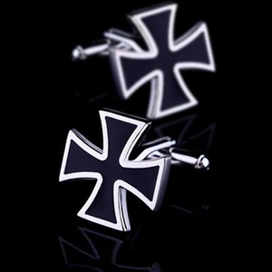 Boutons de manchette personnalisés en acier inoxydable avec croix templière noire, bordure argentée, sérigraphiés pour chemise de mariage formelle pour homme - Product Image 2