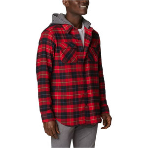 Custom Wholesale Men's Red Plaid Flannel <b>Shirt</b> <b>Hoodie</b> Casual Cotton Long Sleeve Button Up Streetwear Hooded <b>Checked</b> Jackets - Product Image 2
