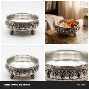 Bol Urli en aluminium fait main de 20 cm en argent antique avec pétales gravés et bande de pétales Nilofar - Décoration d'intérieur, cadeau pour hôtel et mariage - Product Image 5