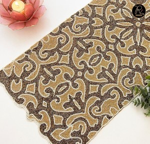 White And Sky Blue Flower & Leaf Design <b>Beaded</b> Table Runner Use For Decoration Buy Direct From Supplier At Bulk - Product Image 2