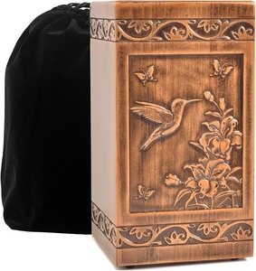 Handcrafted Hummingbird Wooden Cremation Urn For Human Ashes Memorial Funeral <b>Keepsake</b> Box With Storage Bag - Product Image 1