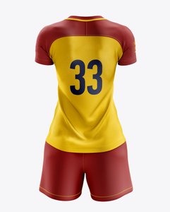 Custom Brand Team Sportswear Uniform Sublimated Women Soccer Jersey for Sale <b>Red</b> and Yellow Color Shirt Shorts Football Kit - Product Image 2