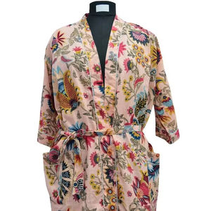Bata Kimono con Estampado de Dibujos Animados para Mujer, 100% Algodón Transpirable, Camisón de Verano Hecho a Mano, Cuello en V, Cintura Elástica, Largo Completo - Product Image 1
