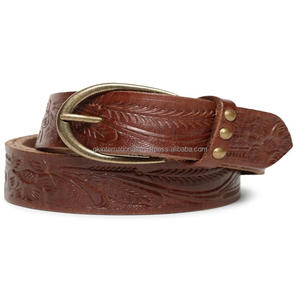 Nouvelle ceinture en cuir western à motif floral et feuilles, pour hommes et femmes, avec boucle en laiton antique robuste - Product Image 1