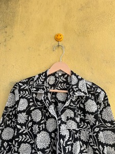 Black Floral Printed Cotton <b>Pajamas</b> Set Long Sleeve Turn-down Collar Elastic Waist Casual Sleepwear Full Length Woven <b>2</b>-<b>Piece</b> - Product Image 4