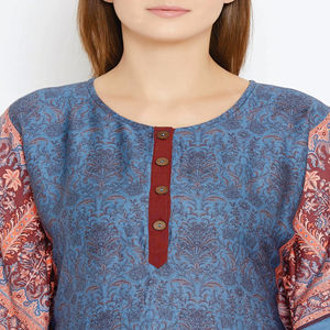 Women's Blue Paisley <b>Print</b> Kaftan Dress With Contrast Trim Floor-Length Modest Evening Gown Cap Sleeve Rayon <b>Material</b> - Product Image 6