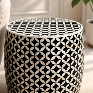 Geometric Bone Inlay Drum Side <b>Table</b> Round Accent <b>Stool</b> Modern Living Room Ottoman - Product Image 2