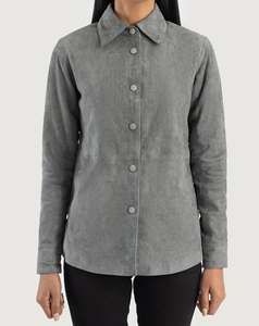 High Performance Custom Made Women's Gray Suede Stand Collar <b>Jacket</b> Full Sleeve Minimalist Style Autumn Wear <b>Cheap</b> Price Low MOQ - Product Image 1