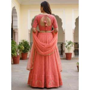 <b>Peach</b> Embroidered Georgette Festival Lehenga Choli for Women - Product Image 3