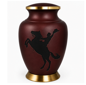 Urnas Funerarias de Metal (Latón/Aluminio) Grabadas con Diseño de Vaquero y Caballo, Color Negro y Marrón, Estilo Europeo Americano, para Cenizas Humanas - Product Image 1