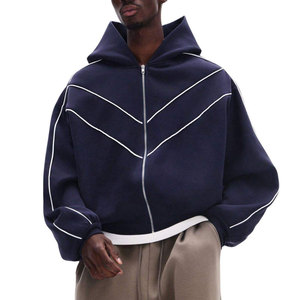 Sudadera con Capucha para Hombre, Color Azul Marino, Corte Holgado, Diseño con Rayas Blancas, Cierre Frontal con Cremallera, Estilo Casual para Otoño, Material de Felpa Tejida - Product Image 3