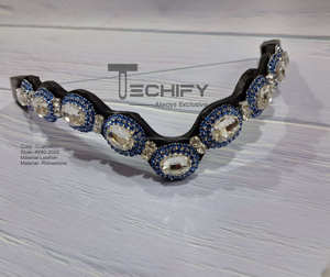 Diadema de Cuero Negra Personalizada para Caballo con Cristales Azules y Transparentes, Diadema Inglesa para Brida, Accesorios Ecuestres - Product Image 4