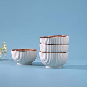 Modern Design Handpainted Ribbed Porcelain Soup Bowls Eco-Friendly <b>Microwave</b> Oven Safe <b>Set</b> of 4 - Product Image 1