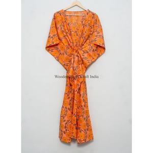Vestido Kaftán de Tela con Estampado de Bloques Personalizado de Alta Calidad, Diseño con Cordón Ajustable en la Cintura, Corte Holgado, Largo, para Playa, Verano, para Mujer - Product Image 6