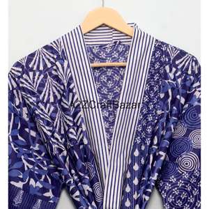 Bata Kimono Maxi de Algodón Puro con Rayas Frontales y Estampado de Bloques, Cuello en V, Ecológica, Lavable, Suave, Estilo Bohemio, para Playa de Verano - Product Image 4