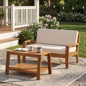 Set da Giardino 2 Pezzi in Legno Teak Acacia per Esterni: Divanetto e Tavolino con Cuscini Beige Resistenti all'Acqua, Capacità 350 libbre - Product Image 2