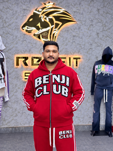 Men's Oversized <b>Red</b> Zip-Up <b>Hoodie</b> Cotton French Terry Hooded Sweatshirt with Front Logo Print Hip Hop Style - Product Image 1