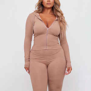 Conjunto Deportivo de 2 Piezas para Mujer, con Capucha, Color Sólido, Logotipo Personalizado, 100% Algodón, Cierre de Cremallera, Sudadera Holgada Informal de Manga Larga - Product Image 3