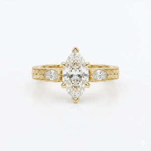 Vintage Marquise Engagement Ring Lab Grown Diamond 14K Gold Hand Engraved Heirloom Ring Filigree Wheat Band with Milgrain Edges - Product Image 1