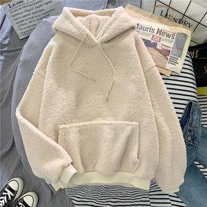 Automne hiver nouveauté femmes ample à manches longues pull solide bleu velours cachemire à capuche sweat confortable décontracté - Product Image 1