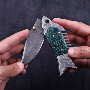 Cuchillo Plegable de Acero de Damasco con Hoja de Punta Caída y Apertura con Perilla, Cuchillo de Camping - Product Image 2