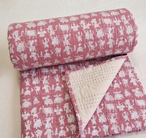 Floral Hand Block Print Cotton Kantha Quilt Reversible Handmade Bed Cover Indian <b>Bedding</b> for All Seasons - Product Image 1