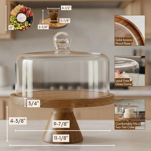 Support à gâteau en bois d'acacia avec couvercle en verre, support à gâteau réversible et planche de service conçus pour un usage quotidien, desserts, charcuterie - Product Image 2