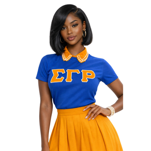 Camiseta Azul de Chenilla Sigma Gamma Rho para Mujer, Bordado de Letras Griegas, Mezcla de Algodón, Manga Corta, Estilo Casual y Elegante - Product Image 1