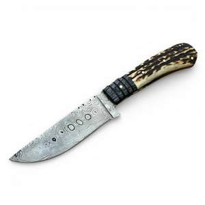 Couteau de chasse à lame fixe en acier Damas, personnalisable, DIY, OEM, manche en corne de cerf, lame pleine longueur, bord droit, couteau de survie en plein air, couteau de camping - Product Image 1