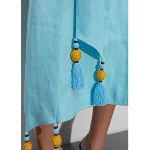 Vestido Midi de Algodón Azul Claro para Mujer, Bordado Floral Amarillo, Manga Abullonada, Cuello en V, Cintura con Lazo, Borlas, Estilo Boho - Product Image 3