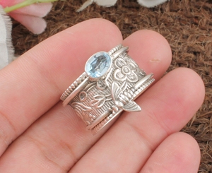 Natural Sky Blue Topaz Bezel Setting <b>Bee</b> Ring 925 Sterling Silver Wedding Animal Jewelry Handcrafted Honeycomb Band Women Party - Product Image 1