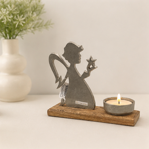 Handcrafted Decorative Angel Metal Candle Holder With Solid Wood Base Elegant Guardian Angel Figurine For Home Decor Centerpiece - Product Image 2