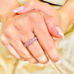 18K Solid Gold Pink Sapphire <b>Dome</b> Wedding Band with Constellation Setting - Product Image 1
