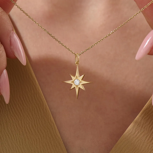 Collier pendentif étoile du Nord céleste en or jaune 14 carats avec diamant, collier élégant en forme d'étoile, cadeau raffiné pour elle - Product Image 6